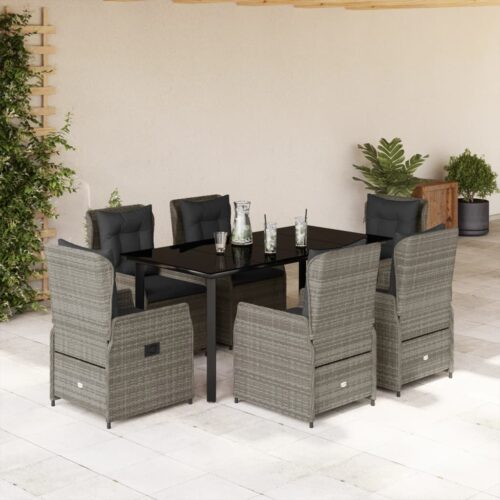 7-Piece Garden Dining Set with Cushions Grey Poly Rattan - Image 2