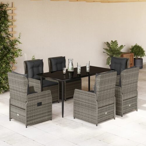 7-Piece Garden Dining Set with Cushions Grey Poly Rattan - Image 2