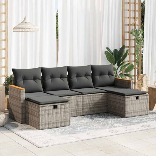 6-Piece Garden Sofa Set with Cushions Grey Poly Rattan - Image 2