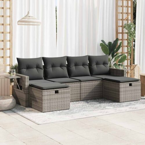 6-Piece Garden Sofa Set with Cushions Grey Poly Rattan - Image 2