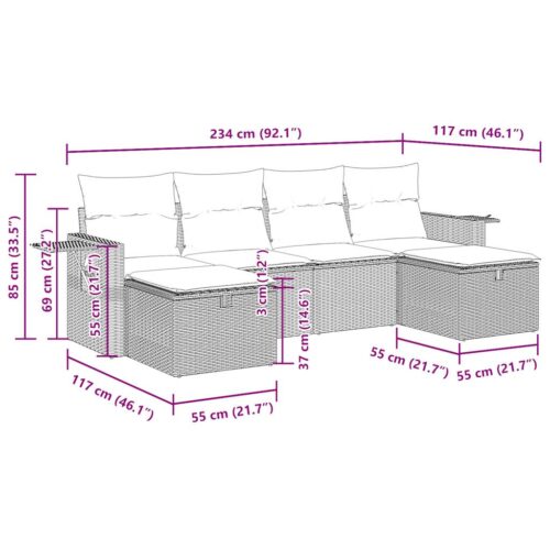 6-Piece Garden Sofa Set with Cushions Grey Poly Rattan - Image 12