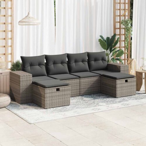 6-Piece Garden Sofa Set with Cushions Grey Poly Rattan - Image 2