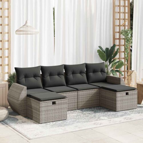 6-Piece Garden Sofa Set with Cushions Grey Poly Rattan - Image 2