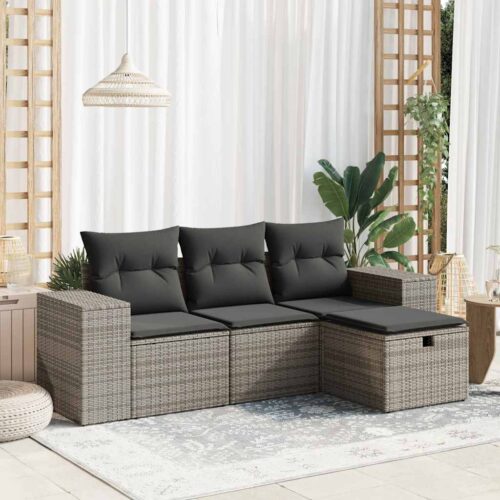 4-Piece Garden Sofa Set with Cushions Grey Poly Rattan - Image 2