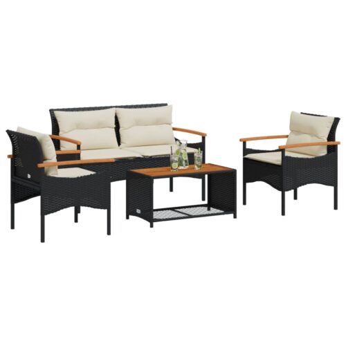 4-Piece Garden Sofa Set with Cushions Black Poly Rattan - Image 2
