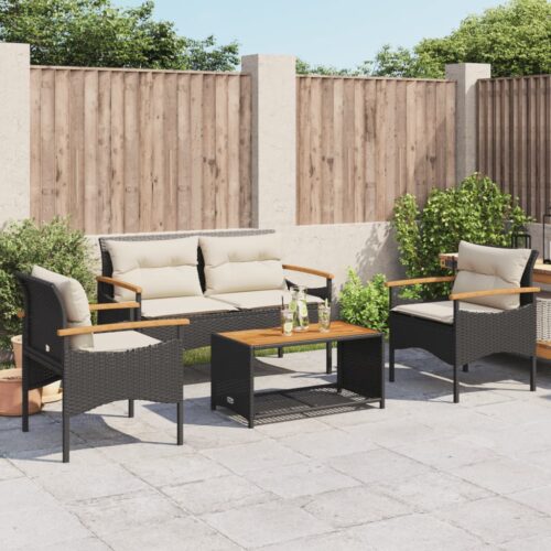 4-Piece Garden Sofa Set with Cushions Black Poly Rattan - Image 3