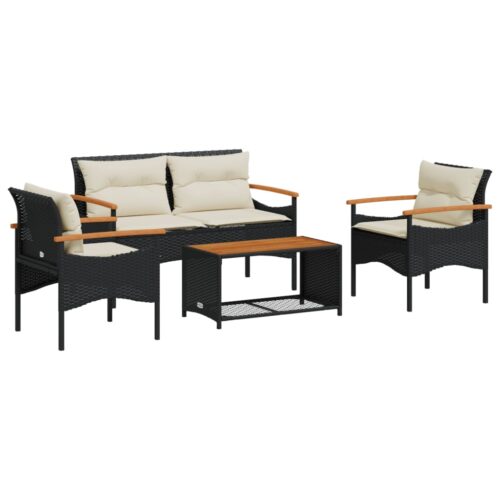 4-Piece Garden Sofa Set with Cushions Black Poly Rattan - Image 13