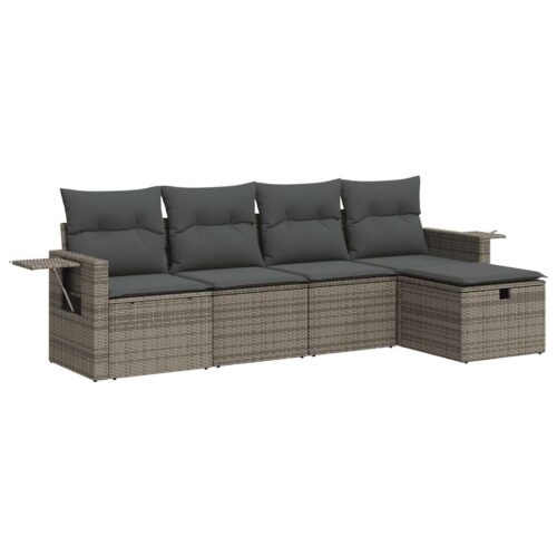 5-Piece Garden Sofa Set with Cushions Grey Poly Rattan