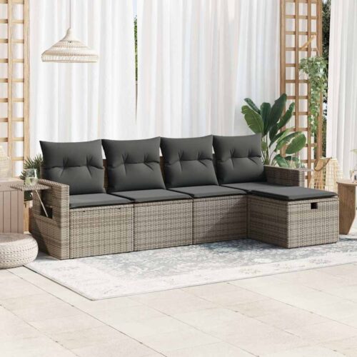 5-Piece Garden Sofa Set with Cushions Grey Poly Rattan - Image 2