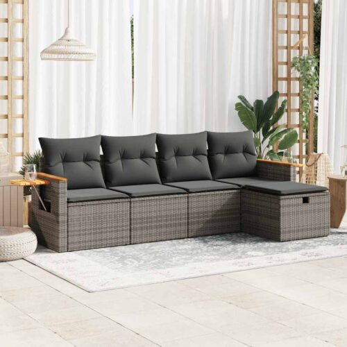 5-Piece Garden Sofa Set with Cushions Grey Poly Rattan - Image 2