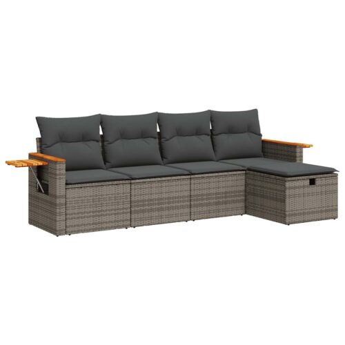 5-Piece Garden Sofa Set with Cushions Grey Poly Rattan - Image 13