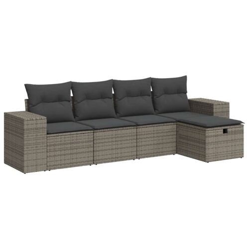5-Piece Garden Sofa Set with Cushions Grey Poly Rattan
