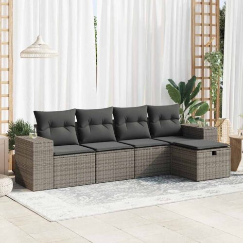 5-Piece Garden Sofa Set with Cushions Grey Poly Rattan - Image 2