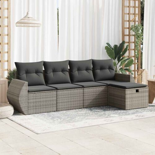 5-Piece Garden Sofa Set with Cushions Grey Poly Rattan - Image 2