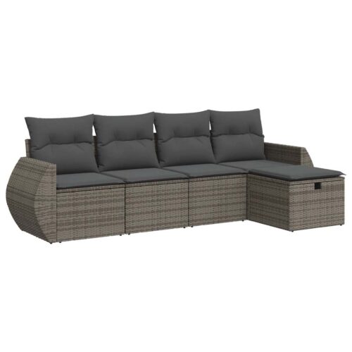 5-Piece Garden Sofa Set with Cushions Grey Poly Rattan - Image 13