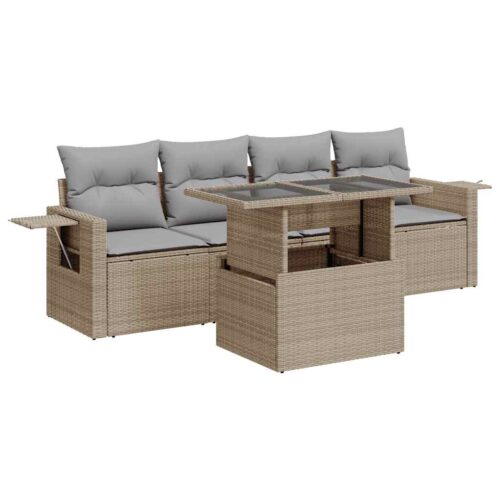 5-Piece Garden Sofa Set with Cushions Beige Poly Rattan - Image 13