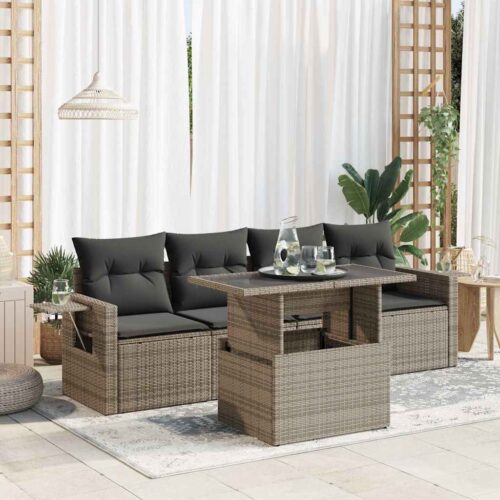 5-Piece Garden Sofa Set with Cushions Grey Poly Rattan - Image 2