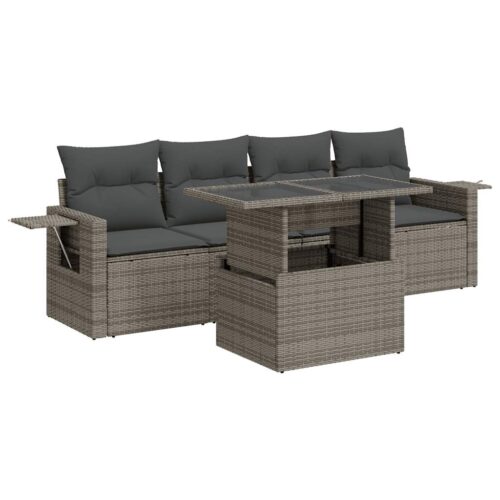 5-Piece Garden Sofa Set with Cushions Grey Poly Rattan - Image 13