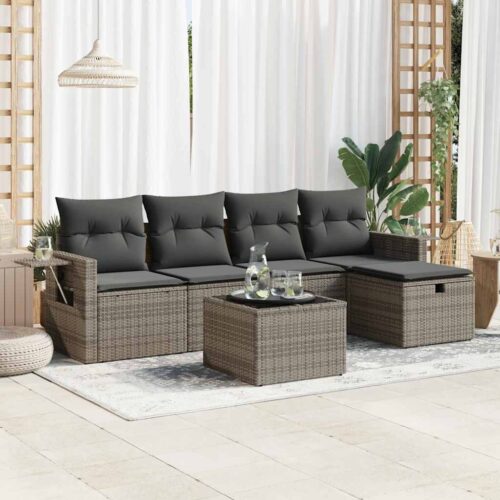 6-Piece Garden Sofa Set with Cushions Grey Poly Rattan - Image 2