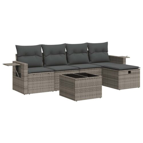 6-Piece Garden Sofa Set with Cushions Grey Poly Rattan - Image 13