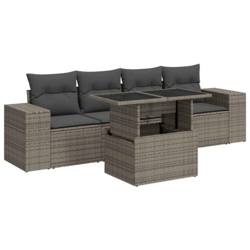 5-Piece Garden Sofa Set with Cushions Grey Poly Rattan