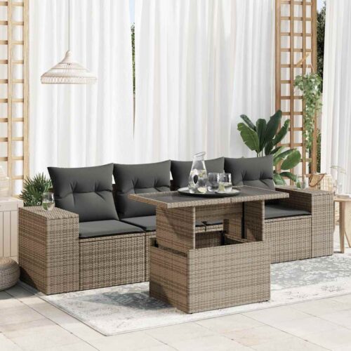 5-Piece Garden Sofa Set with Cushions Grey Poly Rattan - Image 2