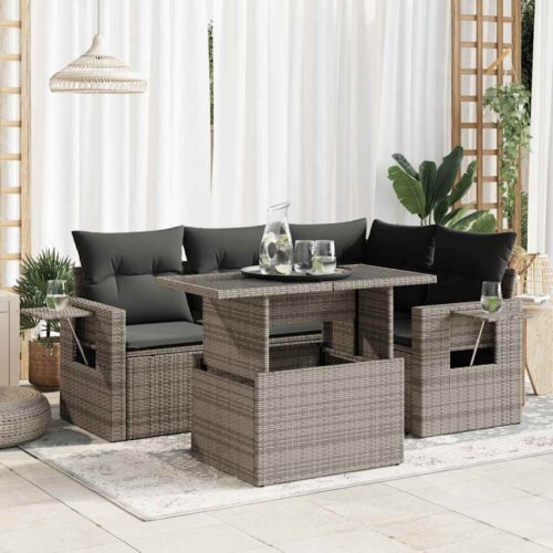 5-Piece Garden Sofa Set with Cushions Grey Poly Rattan - Image 2