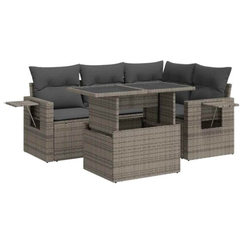 5-Piece Garden Sofa Set with Cushions Grey Poly Rattan - Image 13