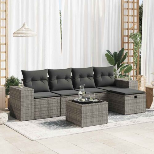 6-Piece Garden Sofa Set with Cushions Grey Poly Rattan - Image 2