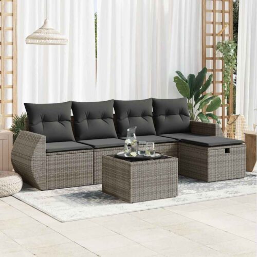 6-Piece Garden Sofa Set with Cushions Grey Poly Rattan - Image 2
