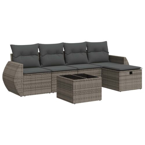 6-Piece Garden Sofa Set with Cushions Grey Poly Rattan - Image 13