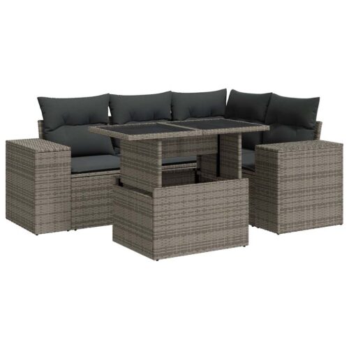 5-Piece Garden Sofa Set with Cushions Grey Poly Rattan