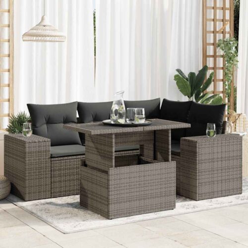 5-Piece Garden Sofa Set with Cushions Grey Poly Rattan - Image 2