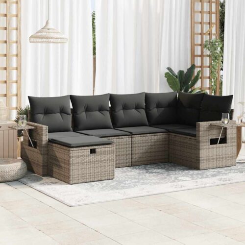 6-Piece Garden Sofa Set with Cushions Grey Poly Rattan - Image 2