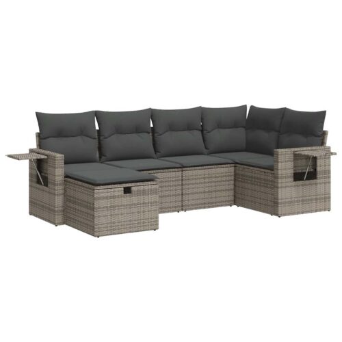 6-Piece Garden Sofa Set with Cushions Grey Poly Rattan - Image 13