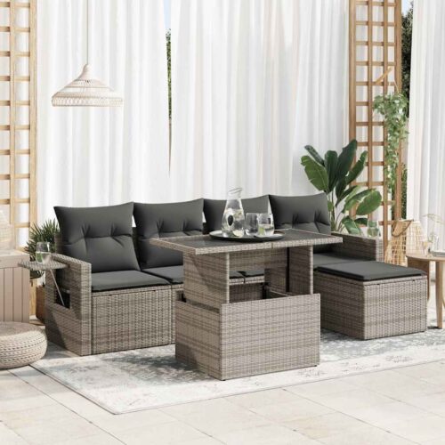 6-Piece Garden Sofa Set with Cushions Grey Poly Rattan - Image 2
