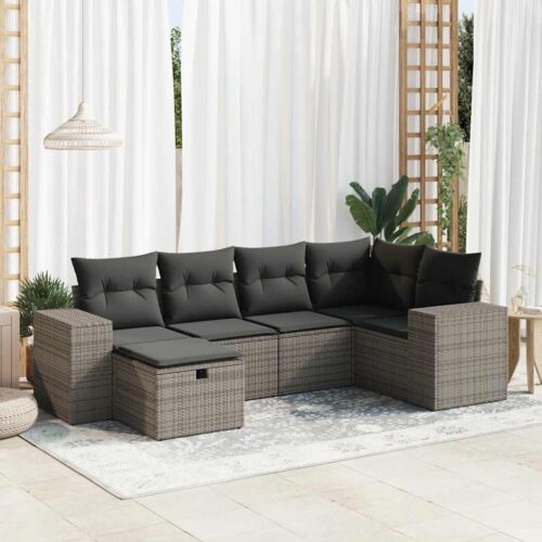 6-Piece Garden Sofa Set with Cushions Grey Poly Rattan - Image 2