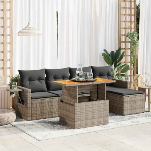6-Piece Garden Sofa Set with Cushions Grey Poly Rattan - Image 2