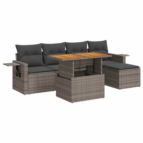 6-Piece Garden Sofa Set with Cushions Grey Poly Rattan - Image 13