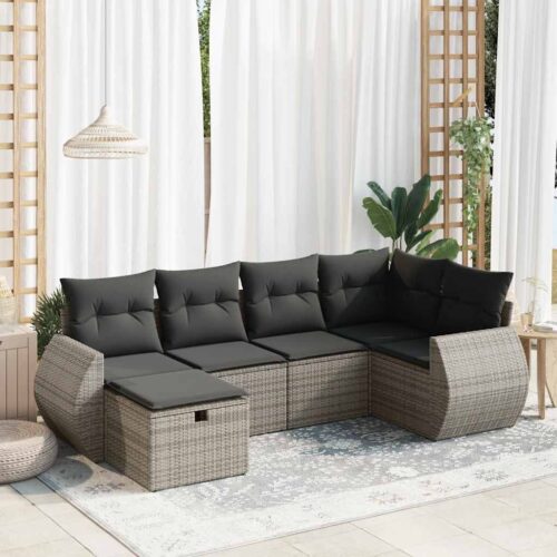 6-Piece Garden Sofa Set with Cushions Grey Poly Rattan - Image 2