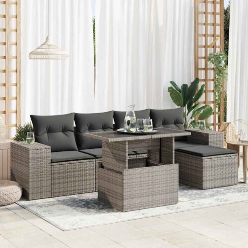 6-Piece Garden Sofa Set with Cushions Grey Poly Rattan - Image 2