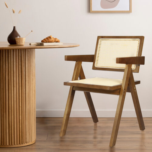 Levede 1x Walnut Wicker Armchair Dining Chair - Image 7