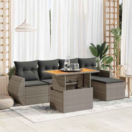 6-Piece Garden Sofa Set with Cushions Grey Poly Rattan - Image 2