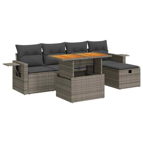 6-Piece Garden Sofa Set with Cushions Grey Poly Rattan Acacia - Image 13