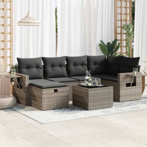 7-Piece Garden Sofa Set with Cushions Grey Poly Rattan - Image 2