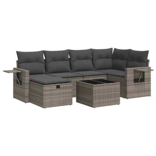 7-Piece Garden Sofa Set with Cushions Grey Poly Rattan - Image 13