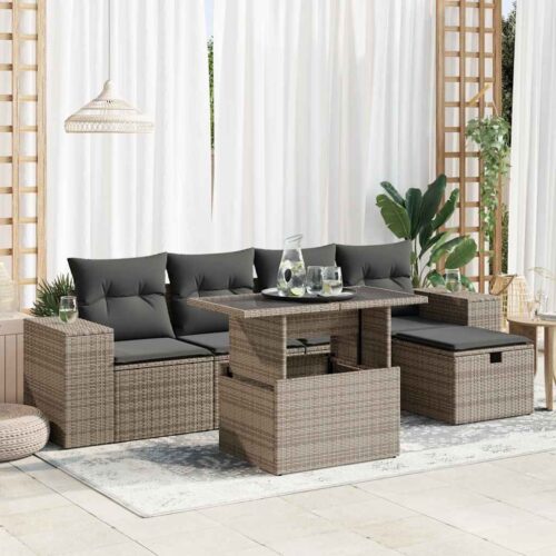 6-Piece Garden Sofa Set with Cushions Grey Poly Rattan - Image 2