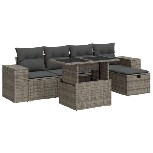 6-Piece Garden Sofa Set with Cushions Grey Poly Rattan - Image 13