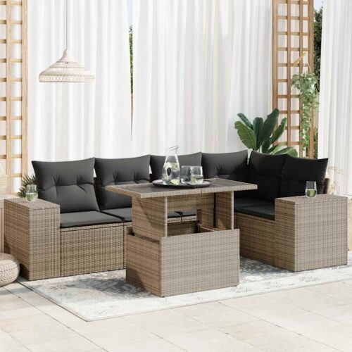 6-Piece Garden Sofa Set with Cushions Grey Poly Rattan - Image 2