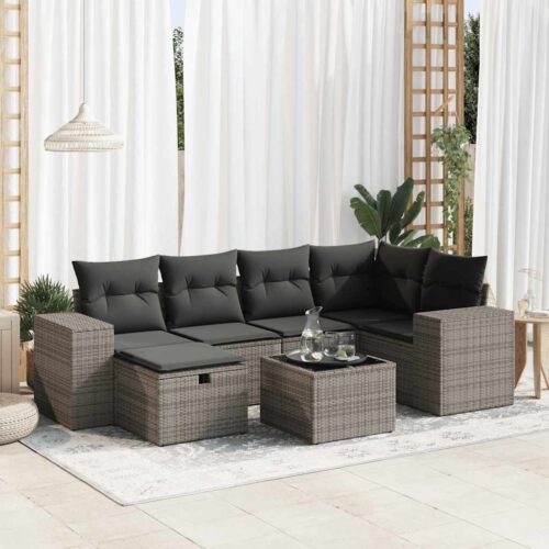 7-Piece Garden Sofa Set with Cushions Grey Poly Rattan - Image 2